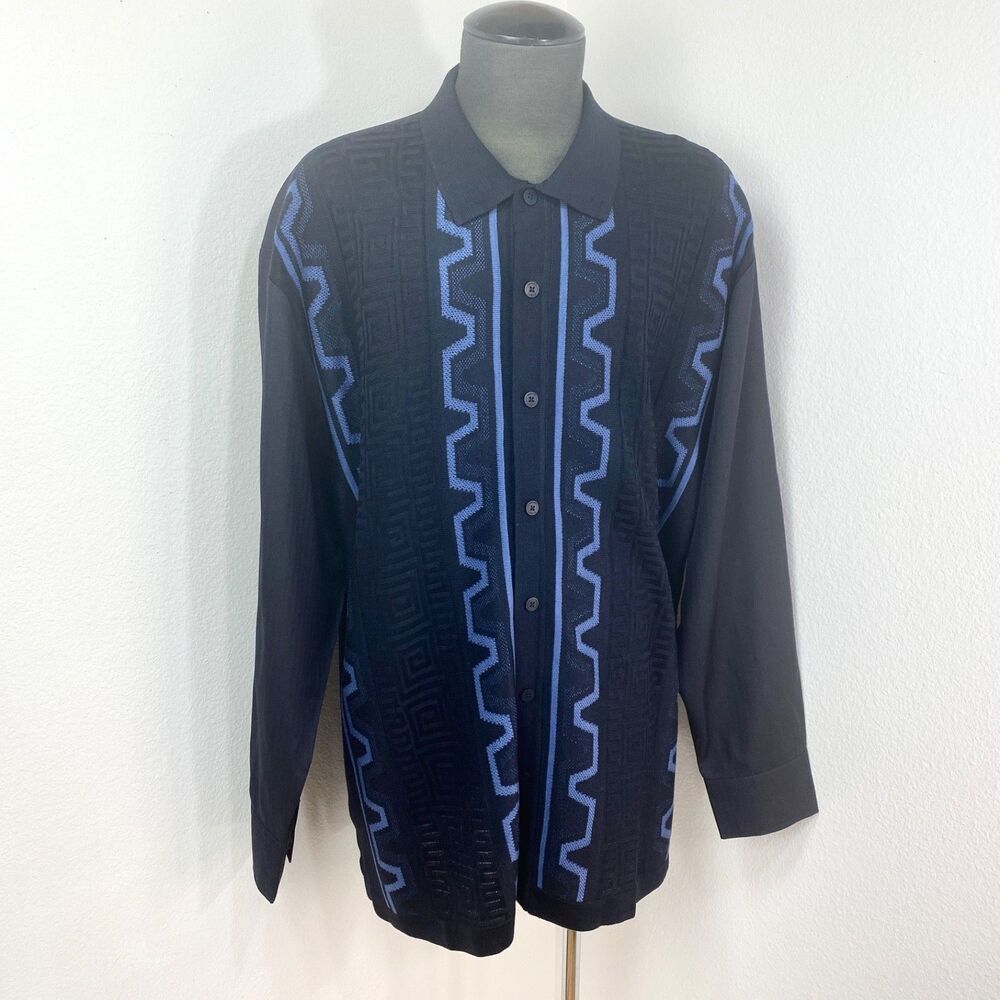 Stacy Adams Black Button-Down Shirt with Blue Geometric Trim